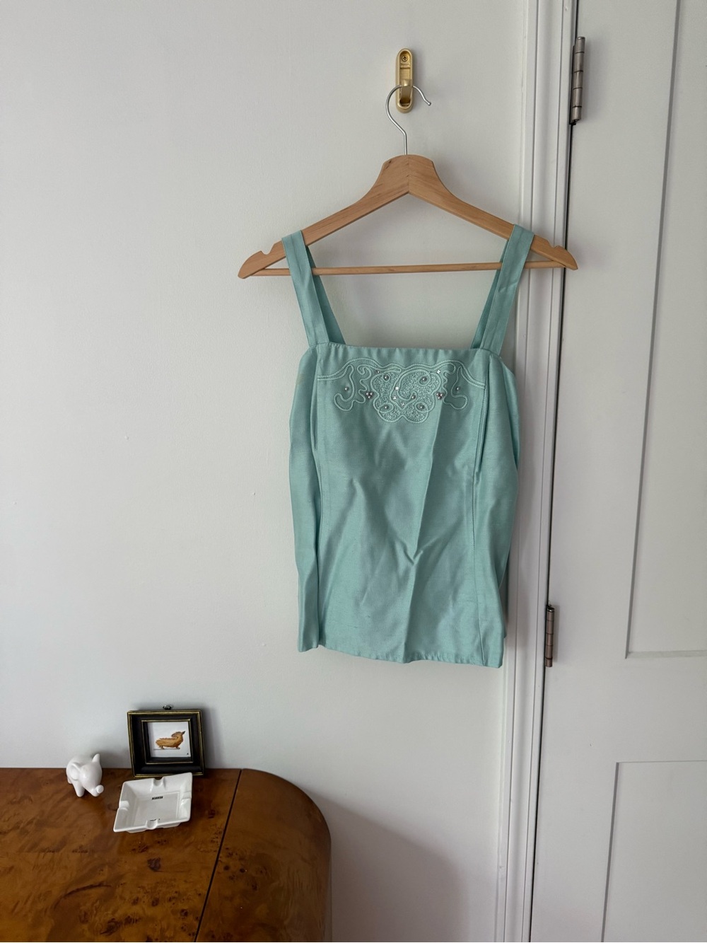 Vintage Tiffany blue embroidered and beaded evening top